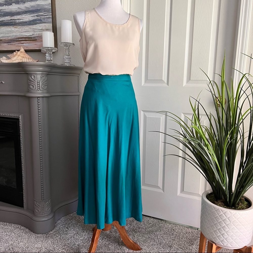 80s Vintage High Waisted Midi Skirt in Teal